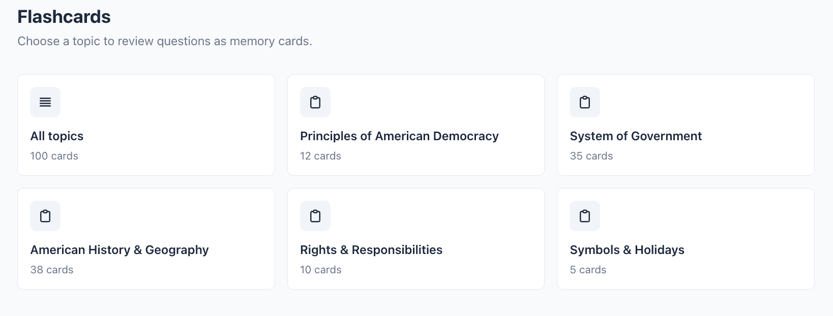 Flashcard topics for civics test review